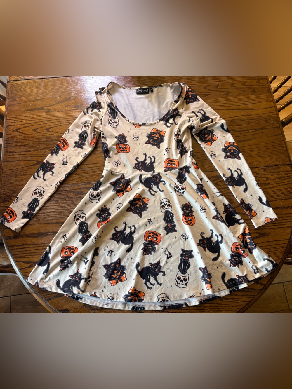 Sourpuss - Halloween Skater Dress with Black Cat & Pumpkin Print - Cream/Orange